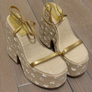 larroude floral platform raffia wedges